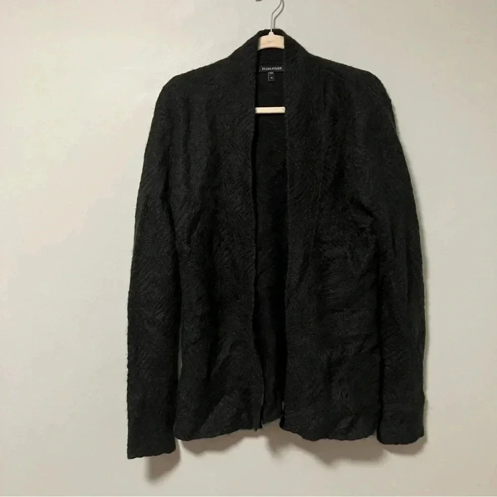 Eileen Fisher  black mohair wool blend open cardigan